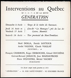 <em>Interventions au Québec</em>, août 1972<br />Carton d'invitation présentant un programme d'interventions d'artistes et d'écrivains au Québec organisé par la revue Génération