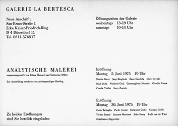 <em>Analytische Malerei</em>, 02 juin 1975<br />Carton d'invitation d'une exposition en deux volets organisée par Klaus Honnef et Catherine Millet en 1975 à la galerie La bertesca à Düsseldorf. Le terme <em>analytische malerei</em> (peinture analytique) a été forgé par Klaus Honnef.